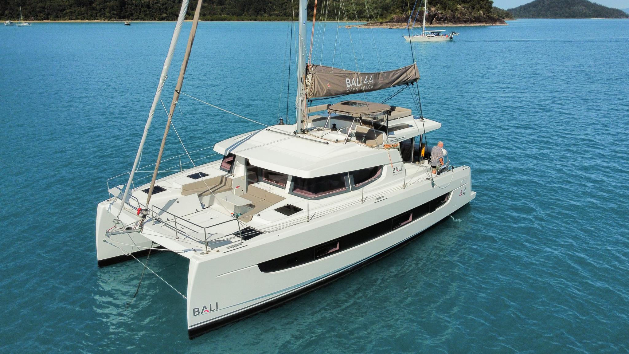 Aerial marketing photography of a yacht under way